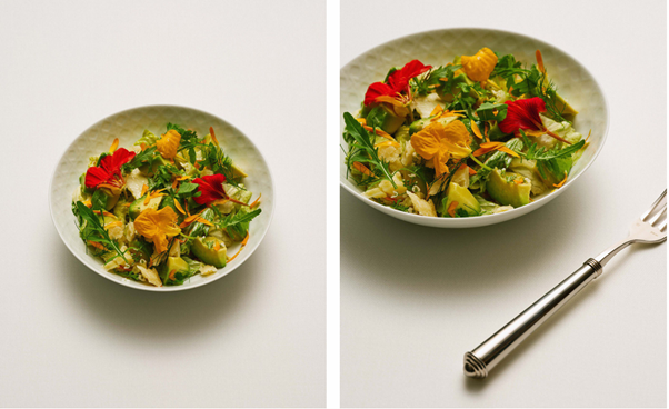 The floral shaker, vegetable pickles and vinaigrette