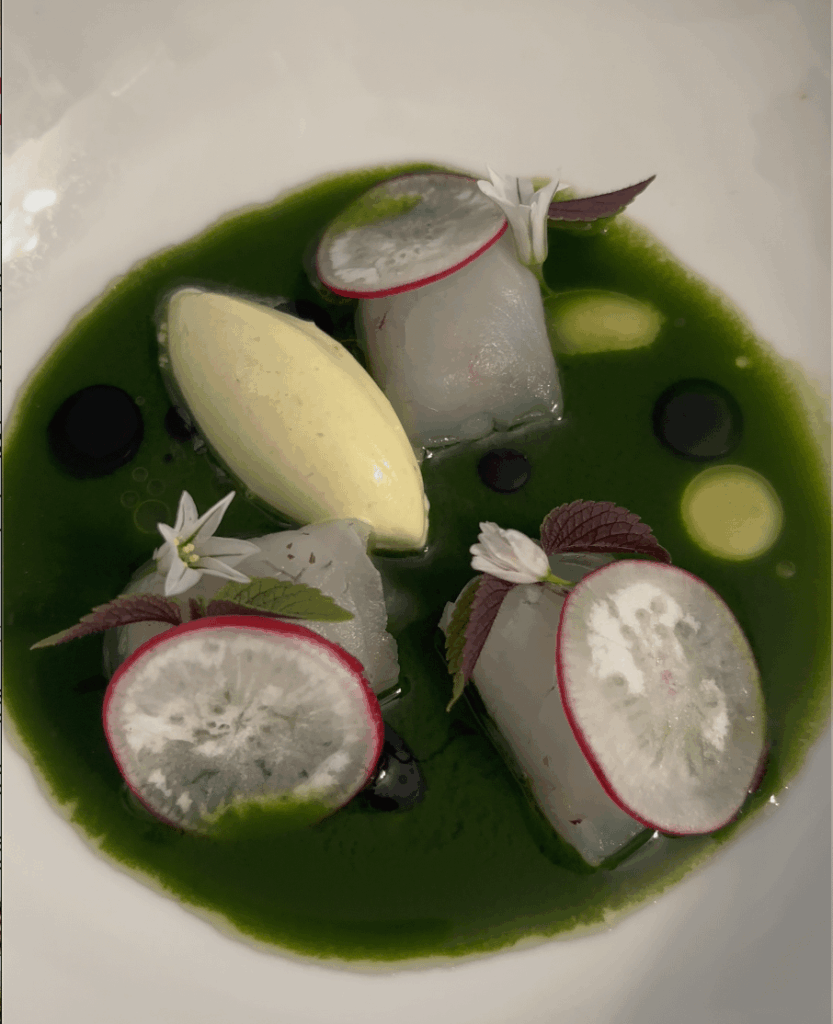 turbot, wild 'leak', fresh tobacco ice cream