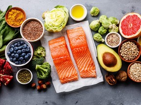 Meat, veggies and fruit.