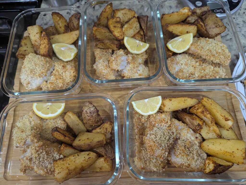 Fish & Chips with Light Tartar Sauce (~597 kcal)