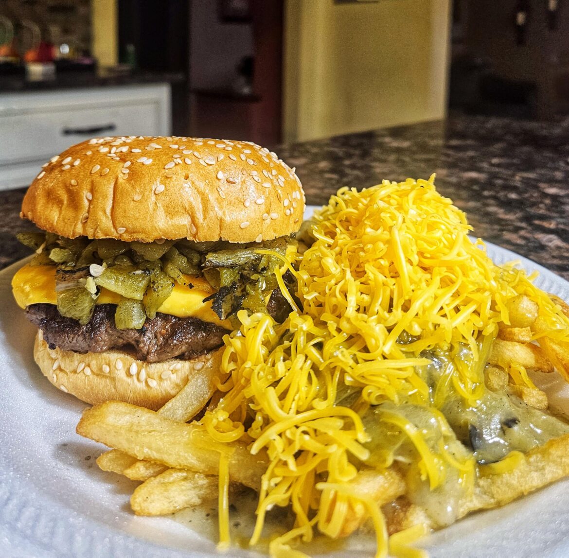 Chile cheeseburger and chile cheese fries. I love chile season!