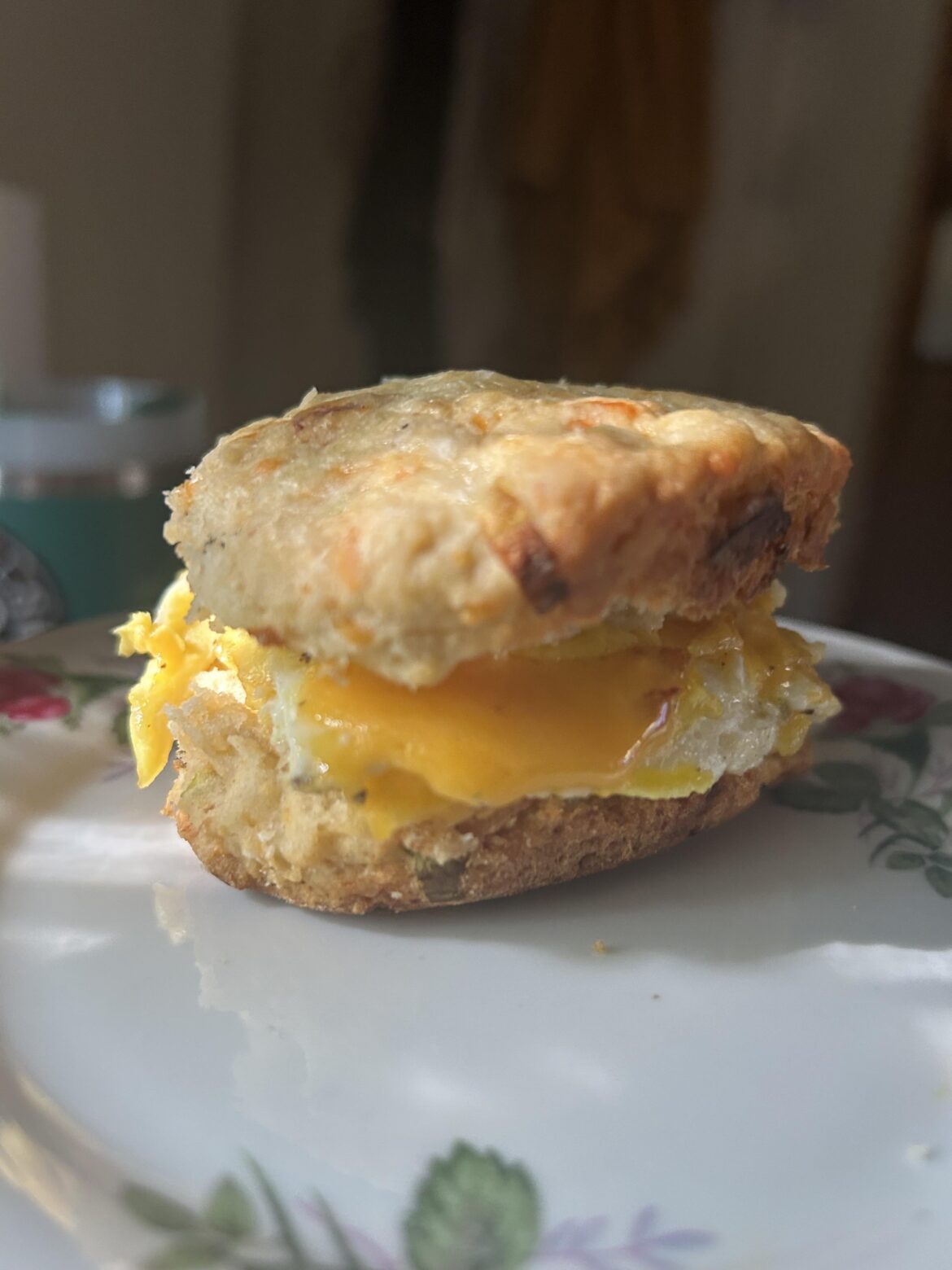 simple breakfast of a bacon scallion cheese biscuit with a fried egg