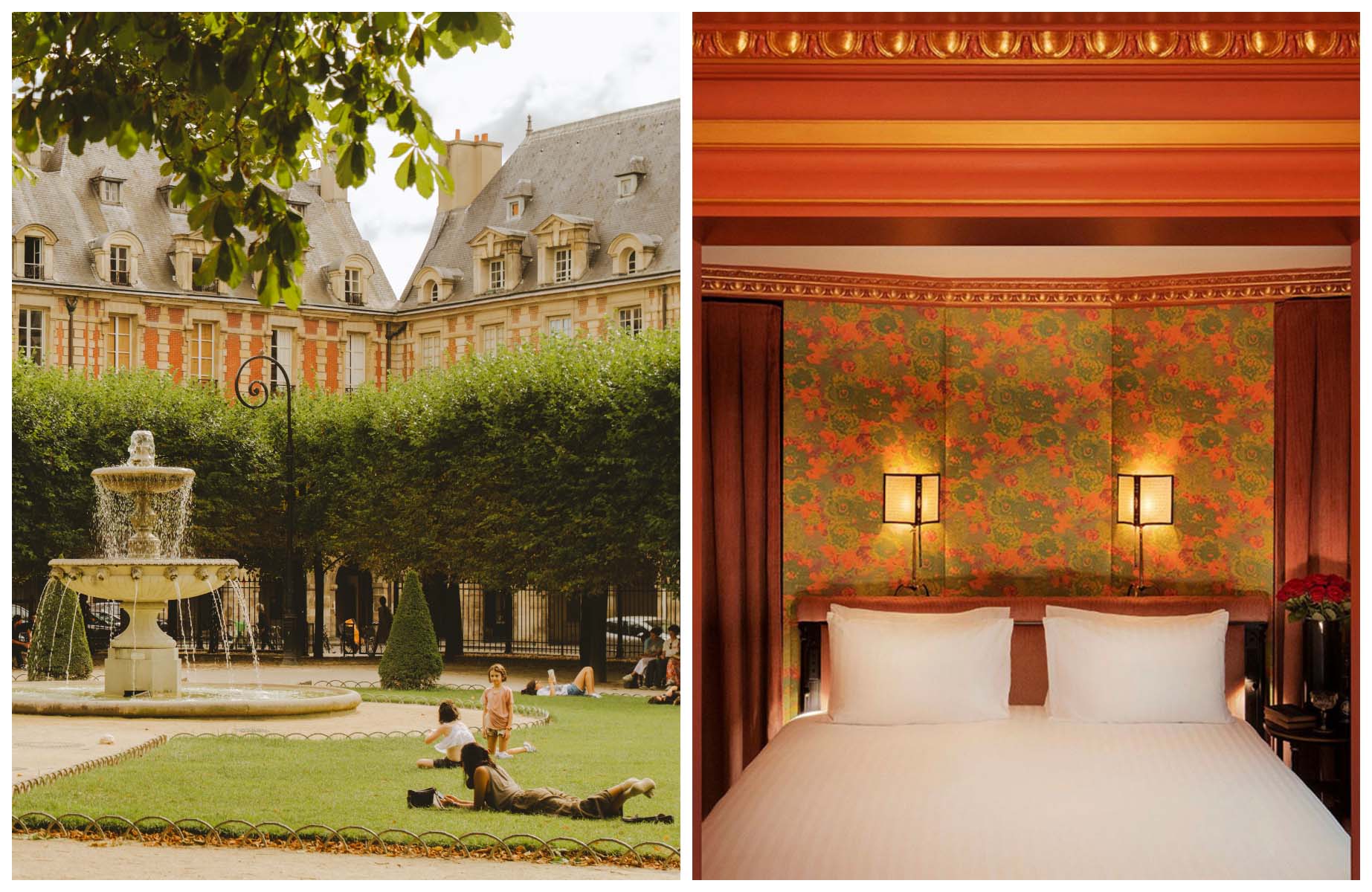 Place des Vosges in the Marais, and a guestroom at Maison Proust, a classic neighbourhood hotel steeped in 13th-century charm. © Joann Pai/The MICHELIN Guide - Maison Proust