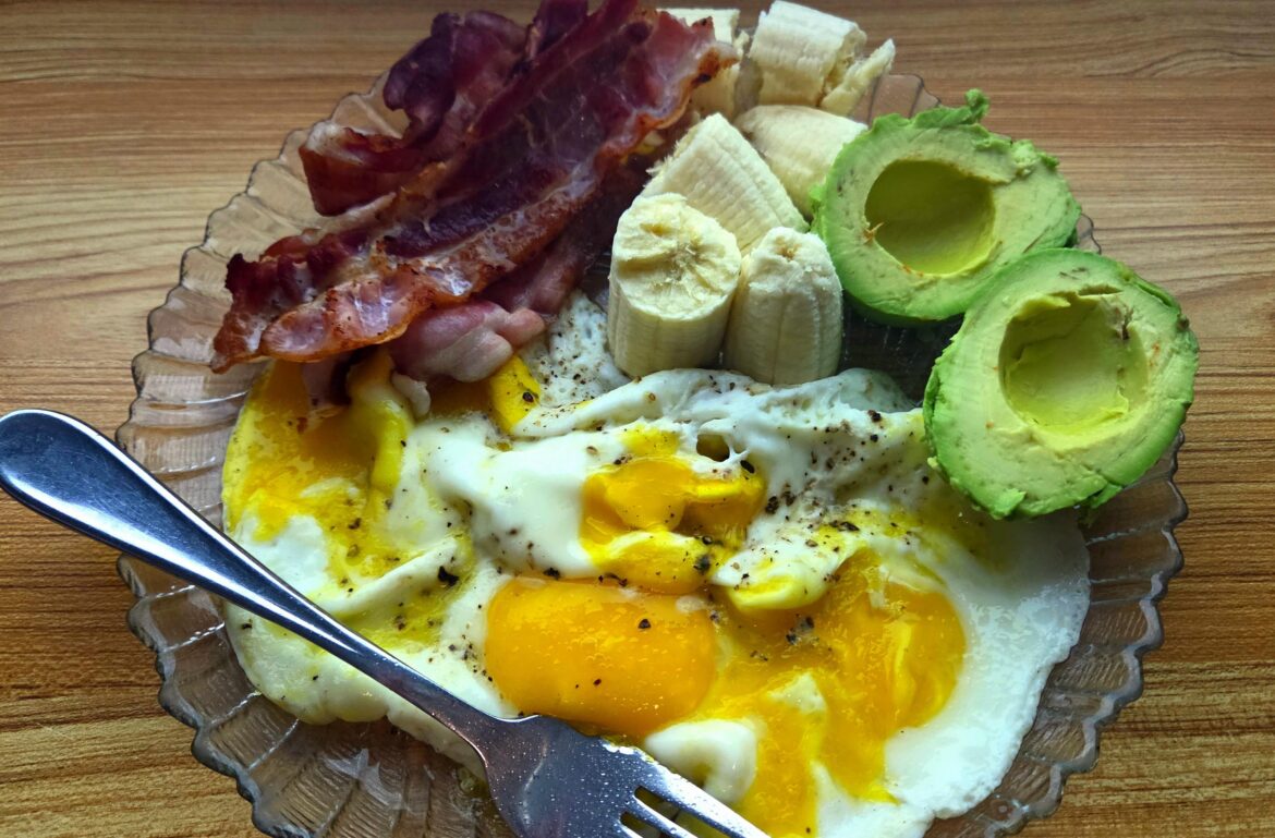 Bacon, eggs, avocado, and banana