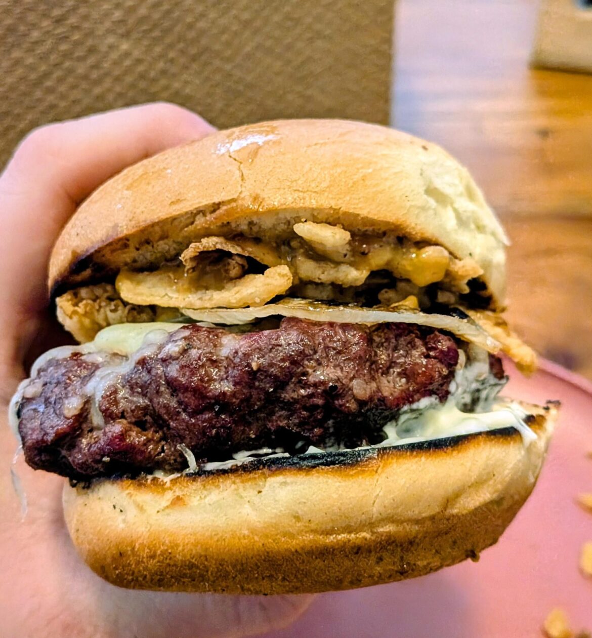 burger with whole grain mustard, white cheddar, fried onions, griddled onions, and mayo