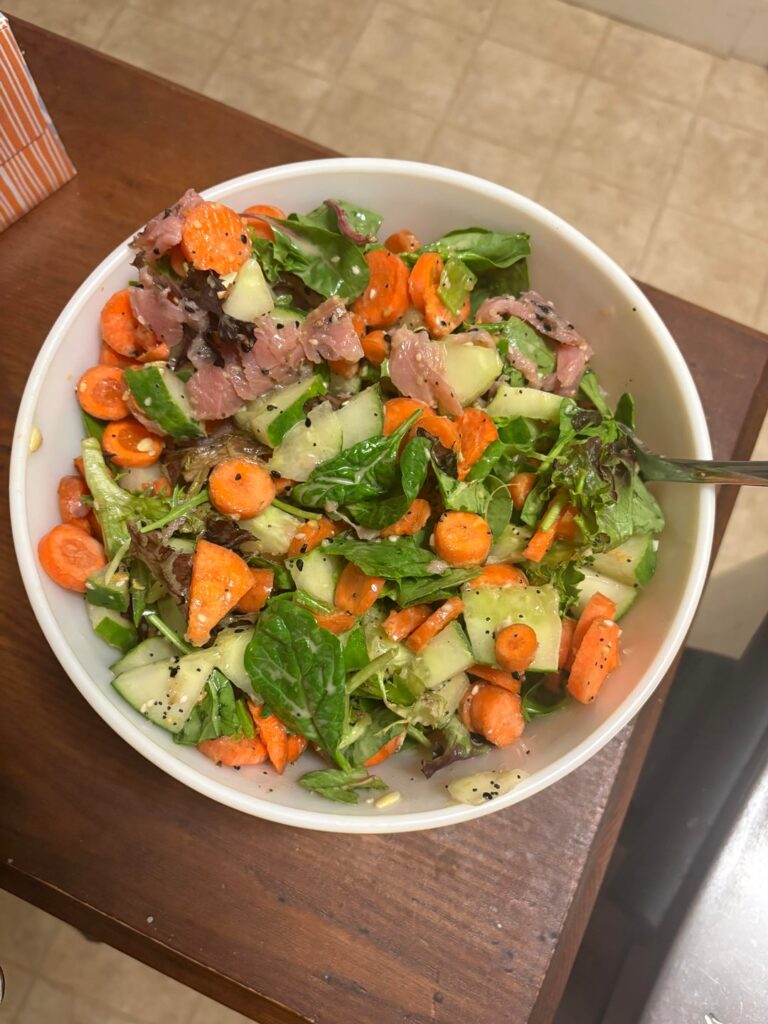 This whole Ahi Tuna salad was just barely over 600 calories, at 605, with 66 grams of protein!! Huge bowl too!