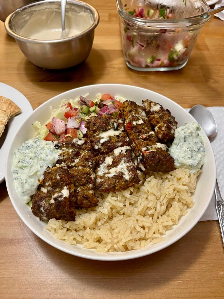 Sheet pan kebabs - 2 ways! Tonight: over rice. Yesterday: gyro style.