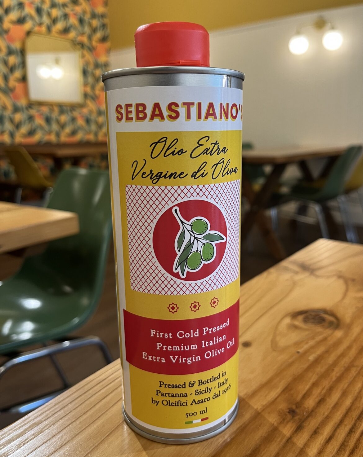 A tin of the new olive oil from Sebastiano