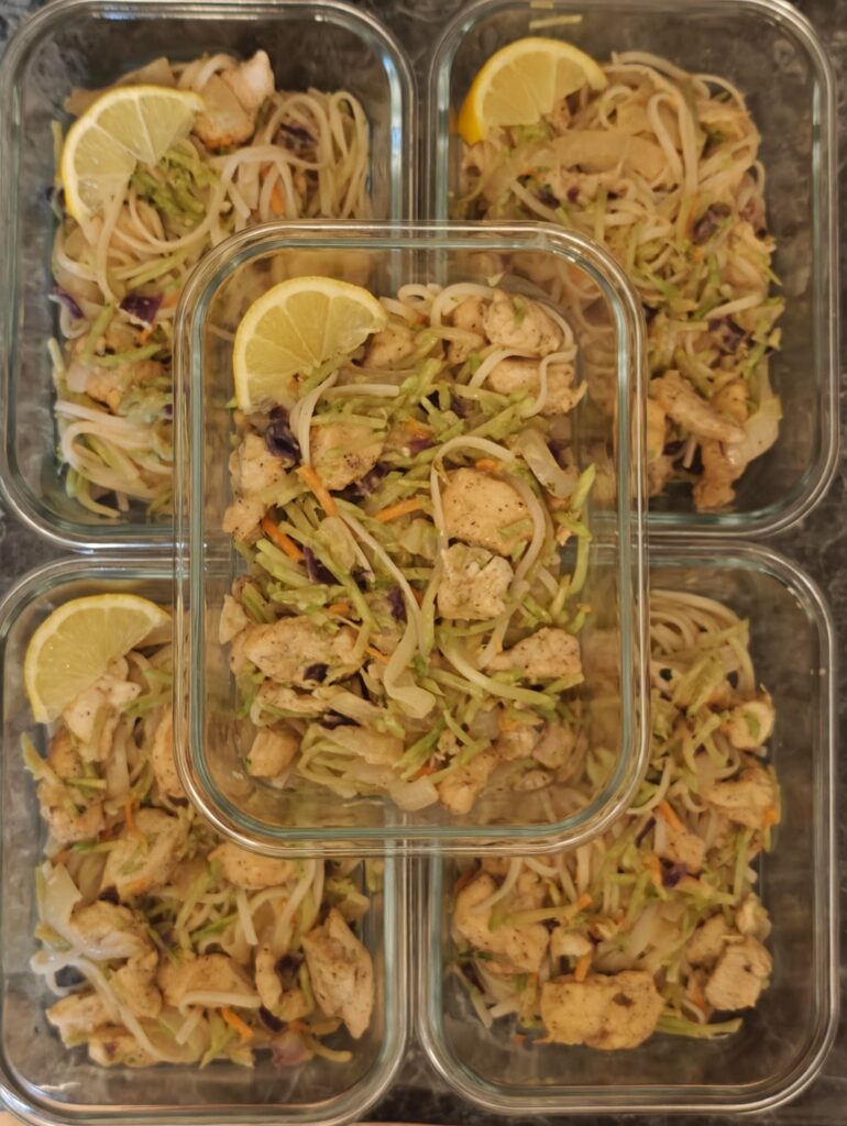 Prepped a day early. Five Peanut Chicken Noodle lunches, four overnight oats breakfasts, and four yogurt pudding cup snacks
