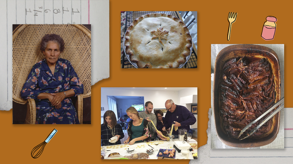 Clockwise from left: Juanita MORE!'s grandmother Petra; tourtière, a French Canadian pork pie; Marissa Dates' brisket; and Jim Hamilton's family assembling cappelletti pasta.