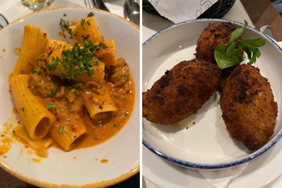 Rigatoni al sugo di salsiccia and suppli al telefono