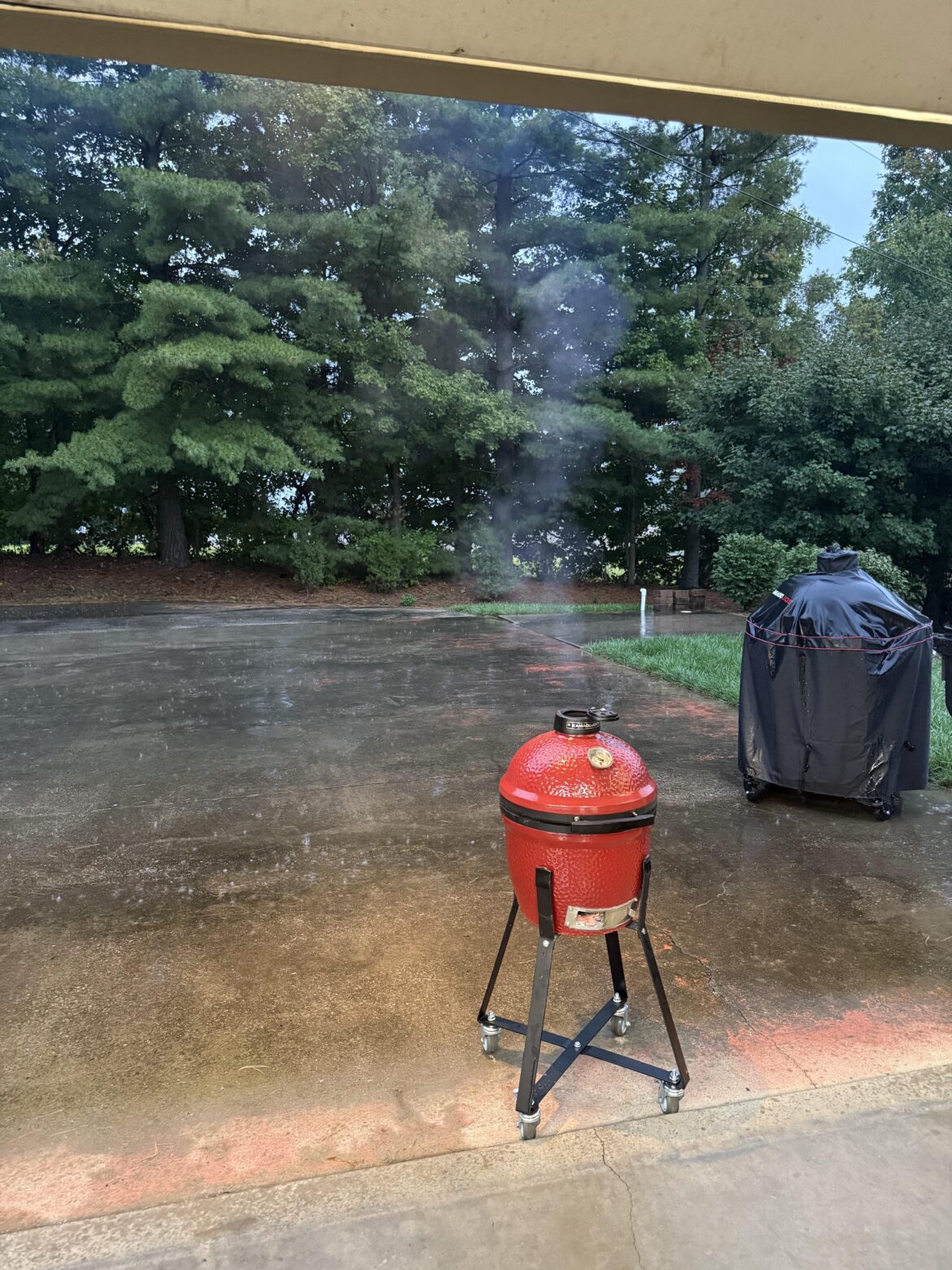 Joe Jr fits perfectly under the overhang of my garage as Big Brother looks on in the background in the pouring rain.