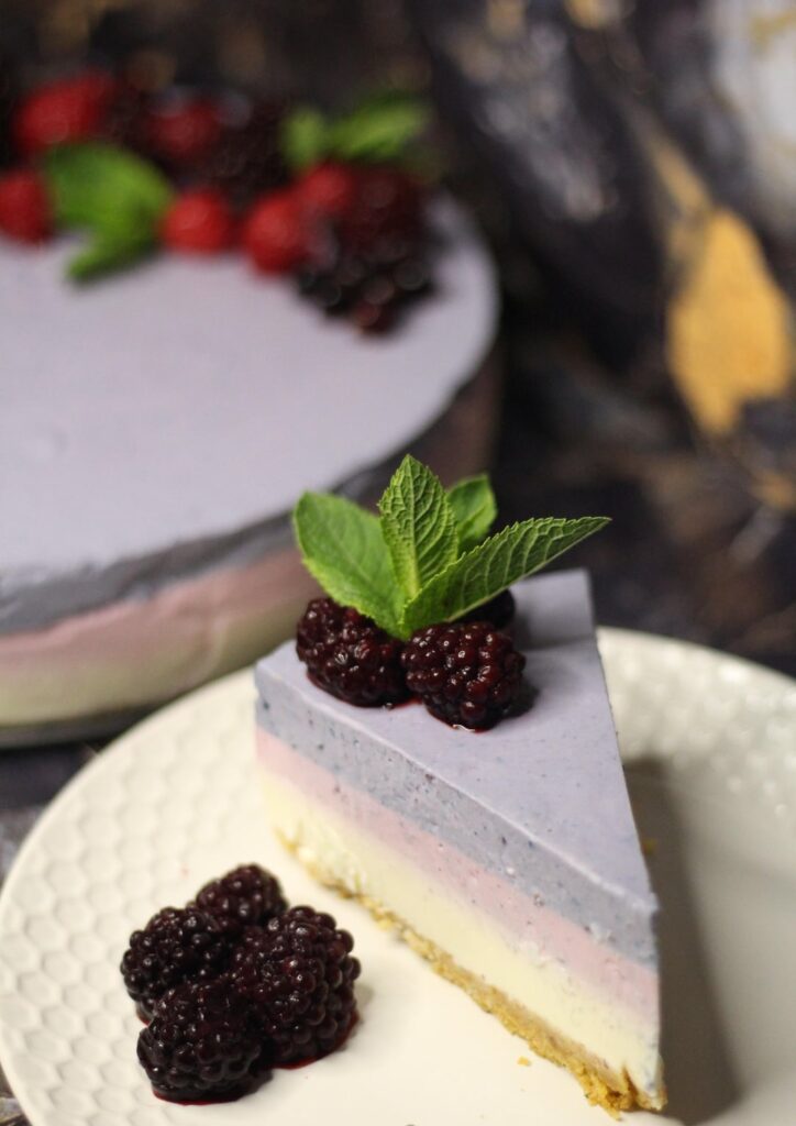 Raspberry, cherry, blueberry and blackberry yogurt layer cake with biscuits base