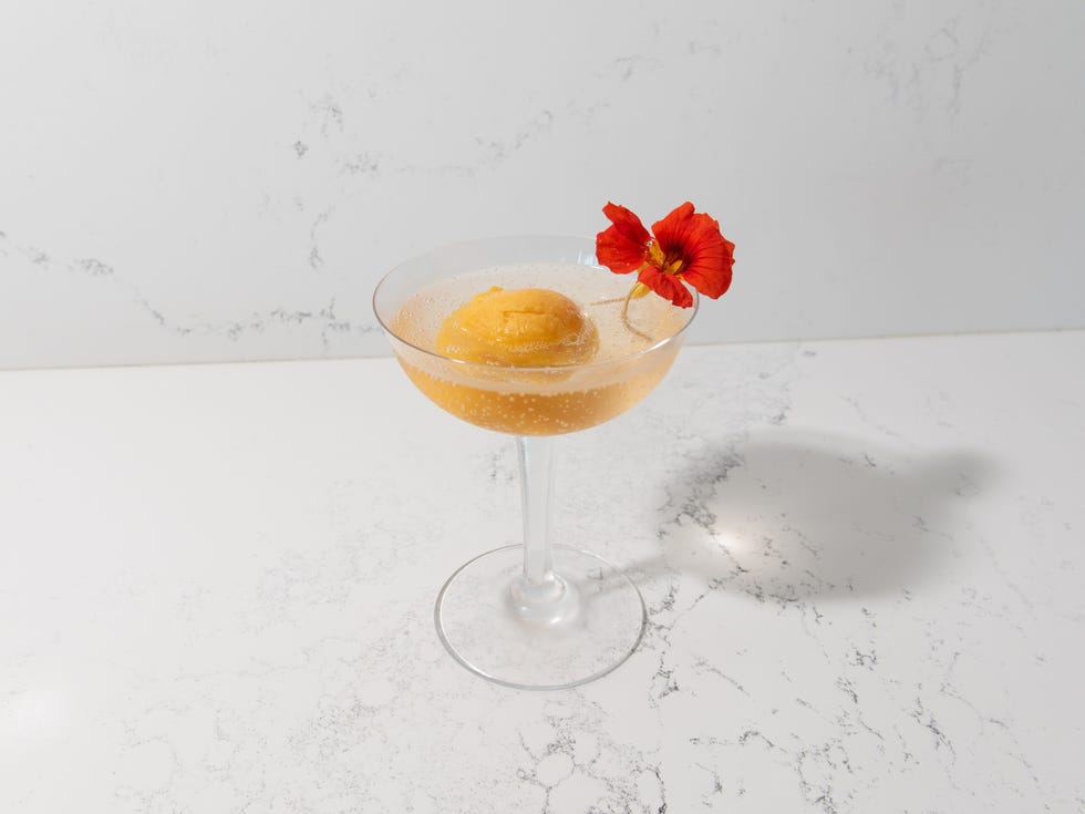 meghan markle champagne float passion fruit sorbet and sparkling wine in a couple garnished with a red nasturtium