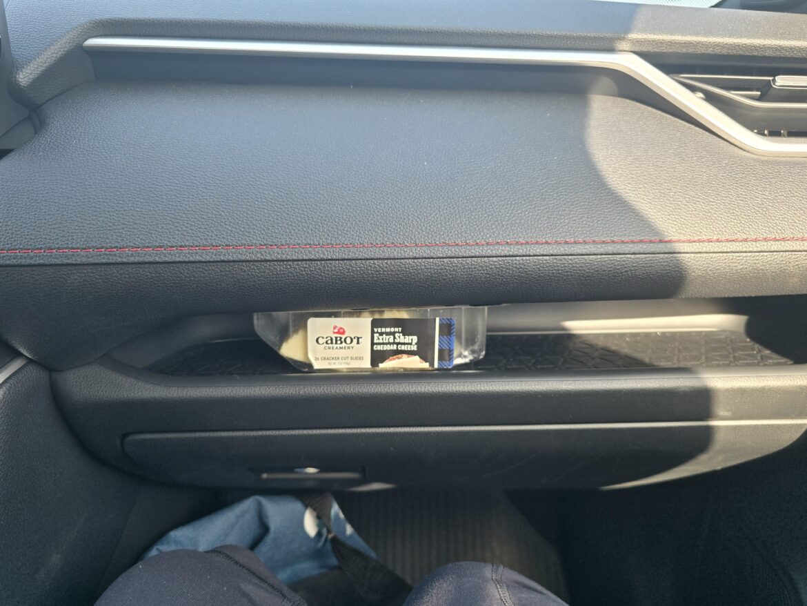 The new car has a cheese shelf