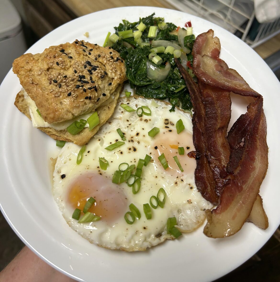 miso buttermilk biscuits, bacon, greens and some jammy eggs
