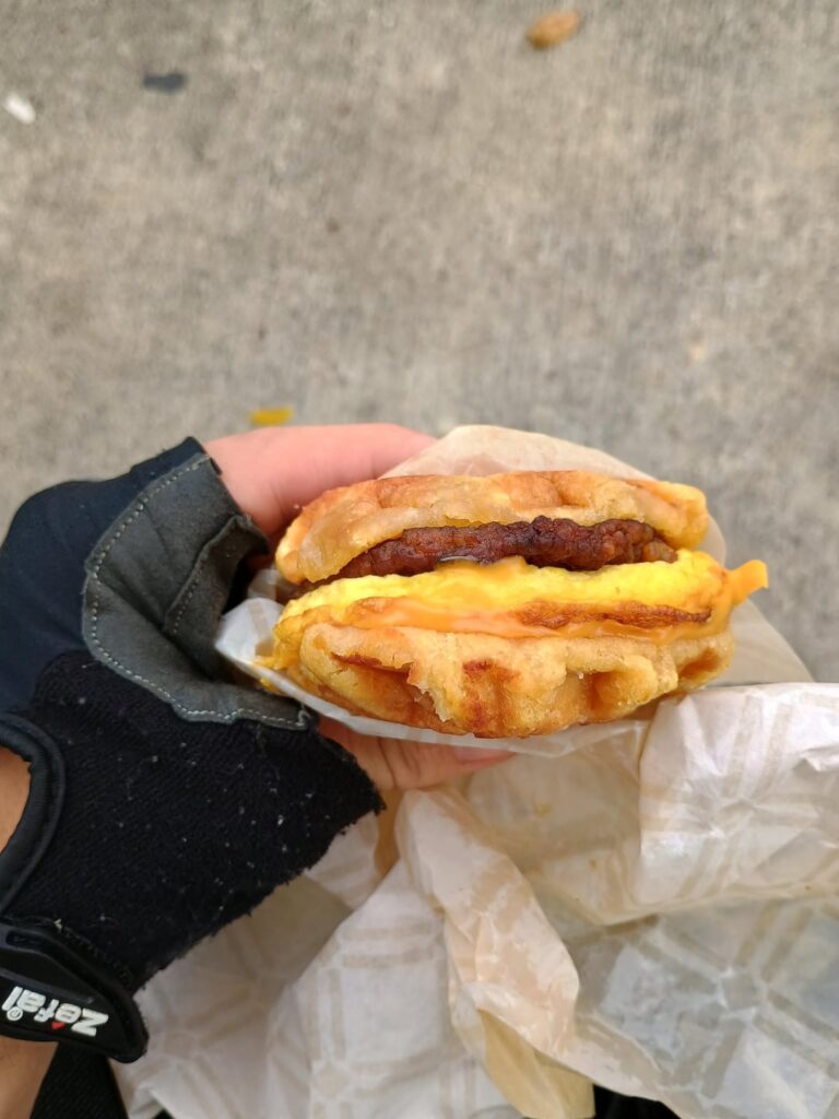 [I ate] Sausage egg and cheese on Waffle