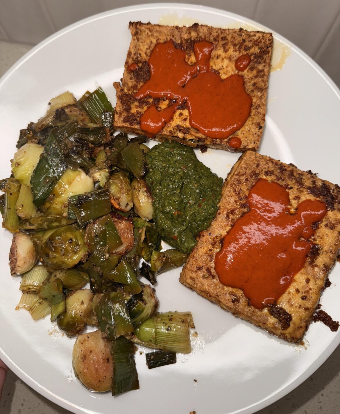 Savory Baked Tofu with Brussels Sprouts and Sweet Garleek.