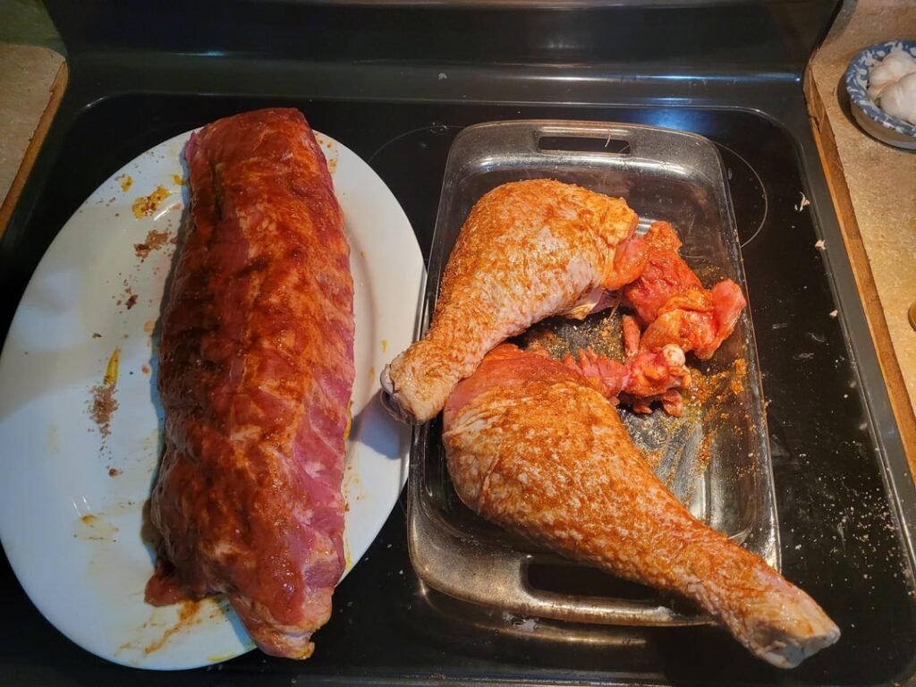 Before and after...baby back ribs made w/home-grown honey, home-grown turkey legs (7bs), and andouille sausage smoked with hickory, cherry, and apple