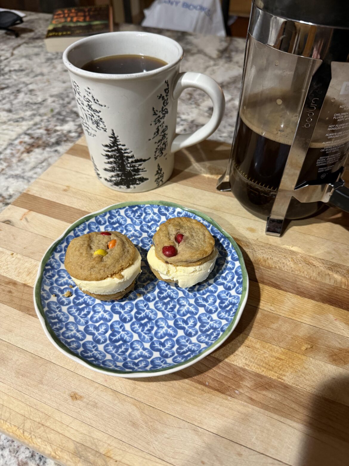 M&M Cookie Ice Cream….Slider? And a cup of strong black coffee.