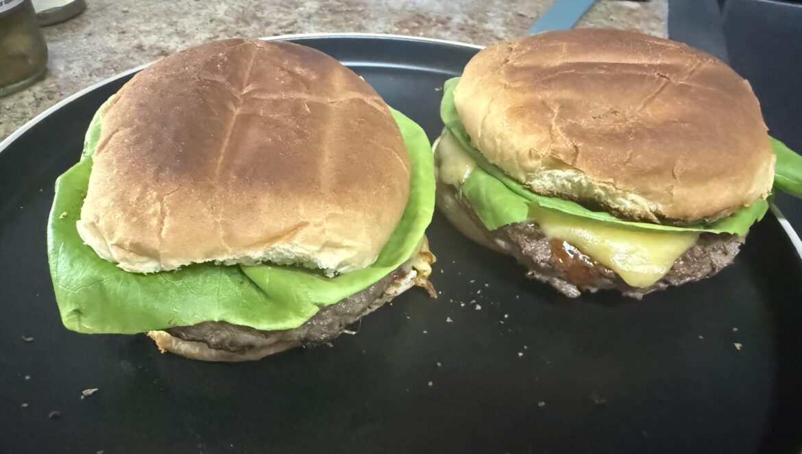 Regular Degular homemade cheeseburger with butter leaf lettuce and Gouda, and toasted buns