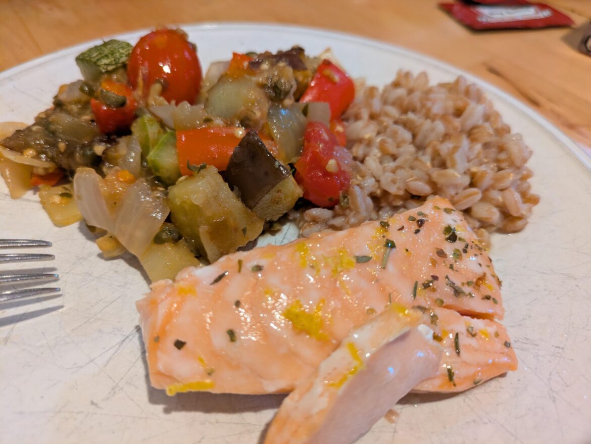 Salmon with caponata and faro