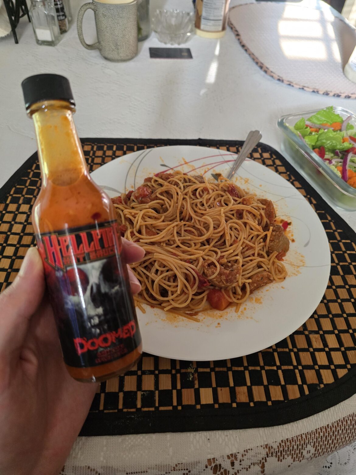 First time trying Doomed in my food. Added about 10 drops. Whew that was hot, good though.