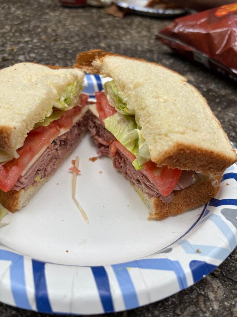 Roast beef picnic sandwich between hiking destinations
