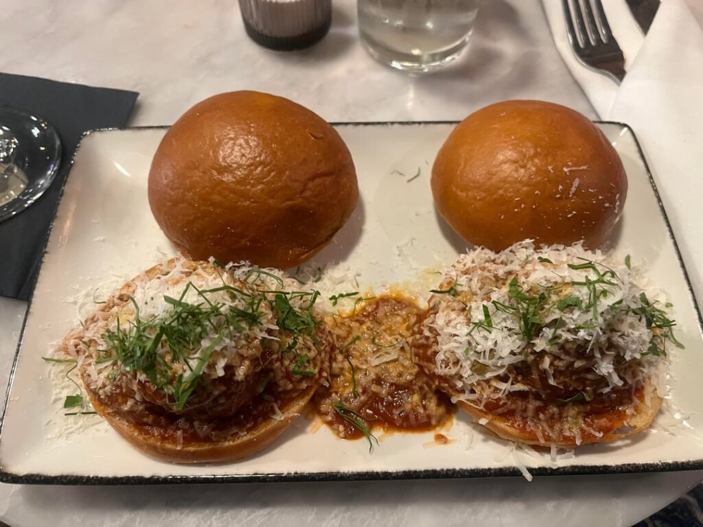 Parmesan meatball sliders and buttermilk fried chicken sandwich