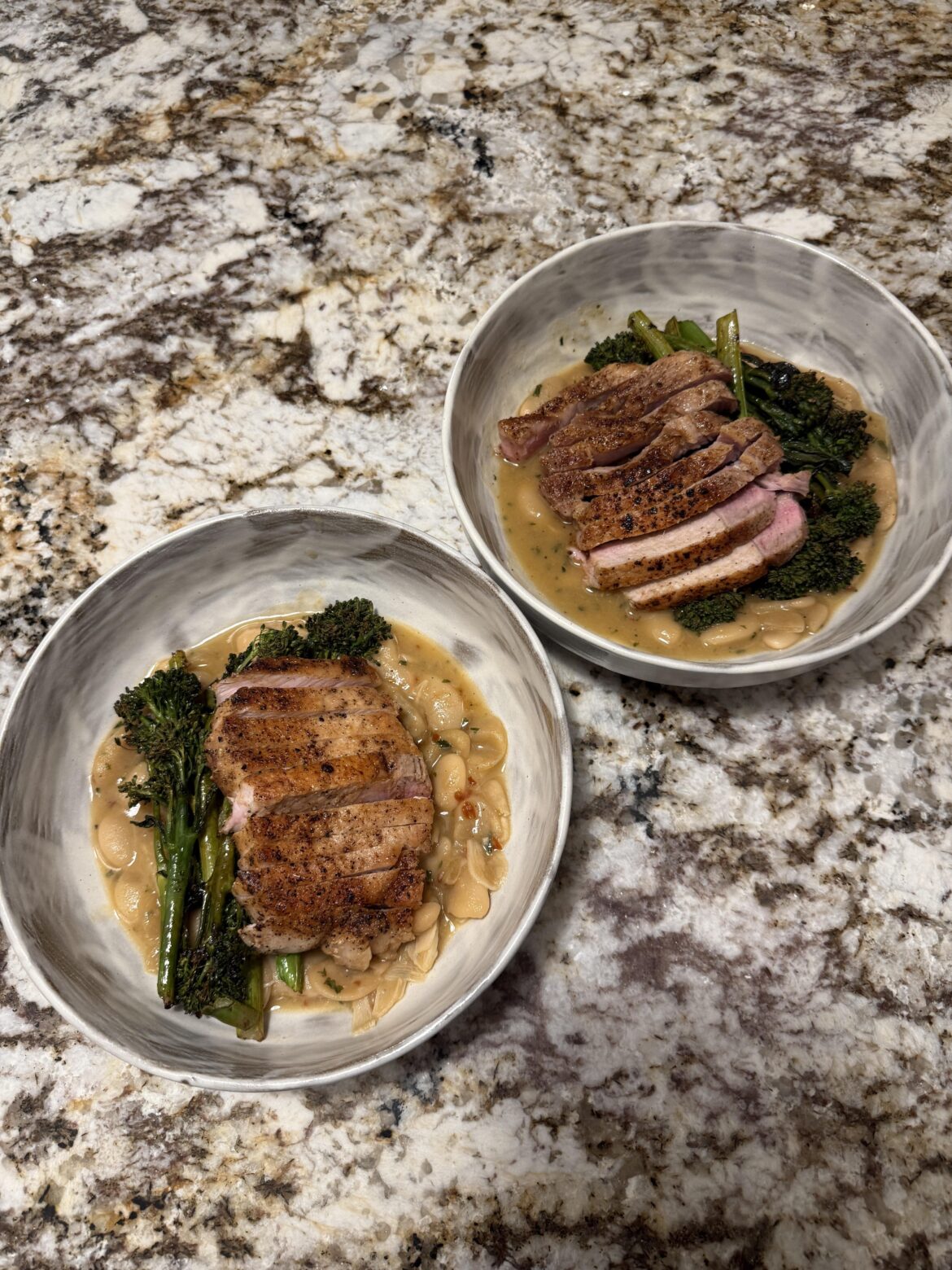 Pork Chop, Broccolini and Scampi’d Butter Beans