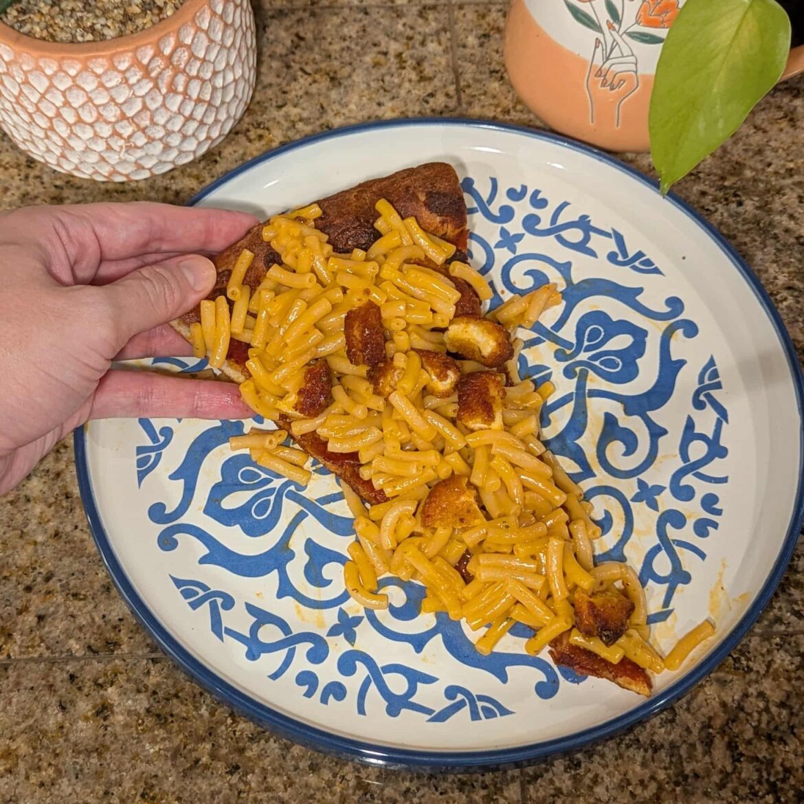 Pizza flavored mac 'n cheese with nuggies on pepperoni pizza. Zero regrets!