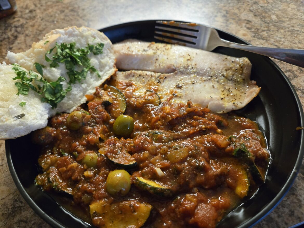 Tilapia with Zucchini Puttanesca + Baguette & Basil Butter