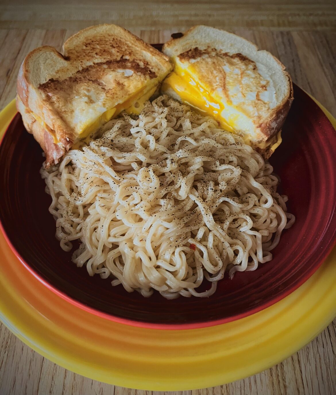 Grilled Cheese with Eggs in a Basket & Ramen