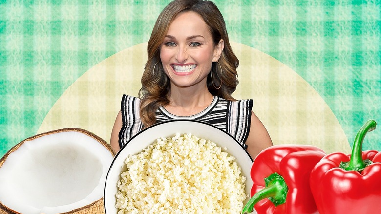 Giada de Laurentiis surrounded by images of peppers, coconut, and cauliflower rice