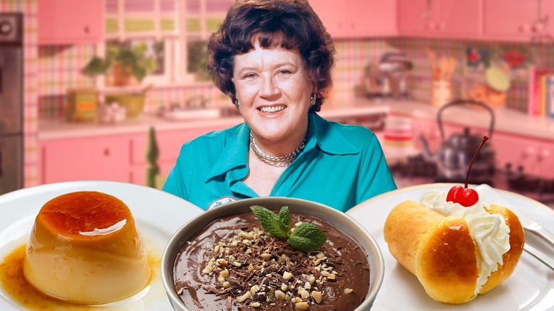 Julia Child with crème caramel, chocolate mousse and baba au rhum