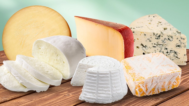 selection of cheeses standing on wooden surface