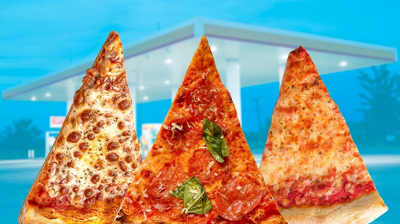 A few slices of pizza on blue gas station background