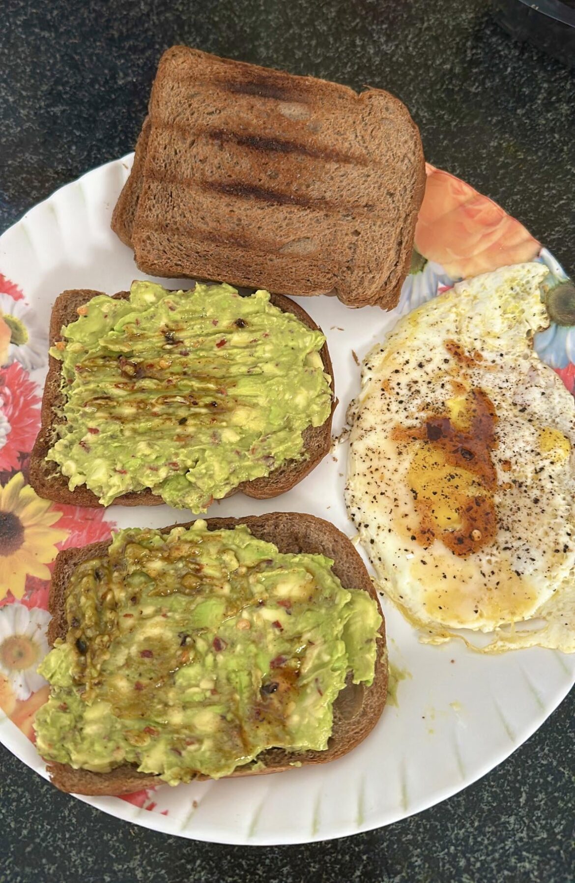 Breakfast today 🥑🍞🍳🌶️🍯🤤