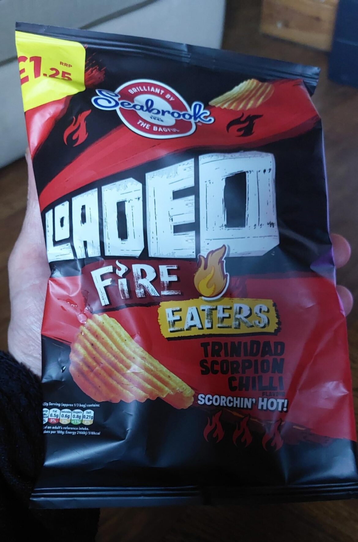 thought id try these for a laugh , 5 crisps in and i wish i hadn't . some serious kick there Seabrook !