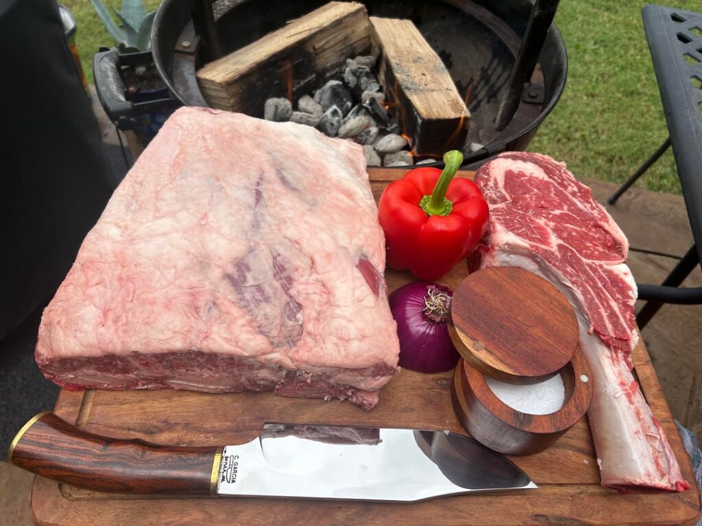 Beef ribs and a tomahawk.