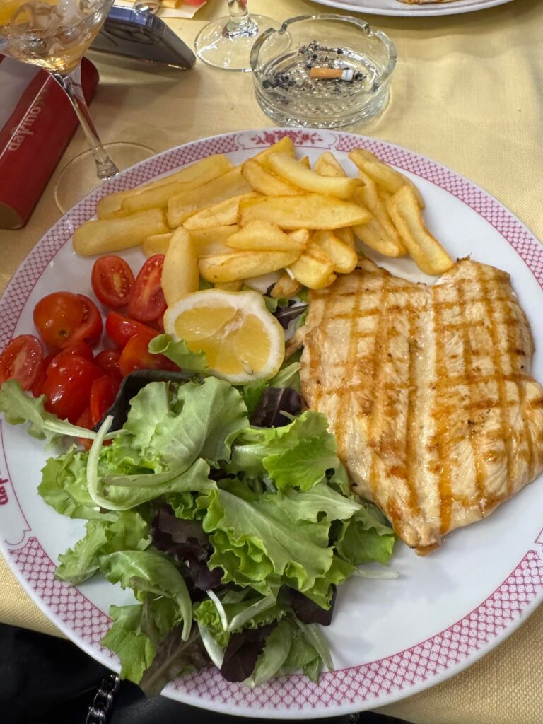 How many calories without chips? The menu said 200g of grilled chicken breast, plus I drank 2 Aperol spritzes