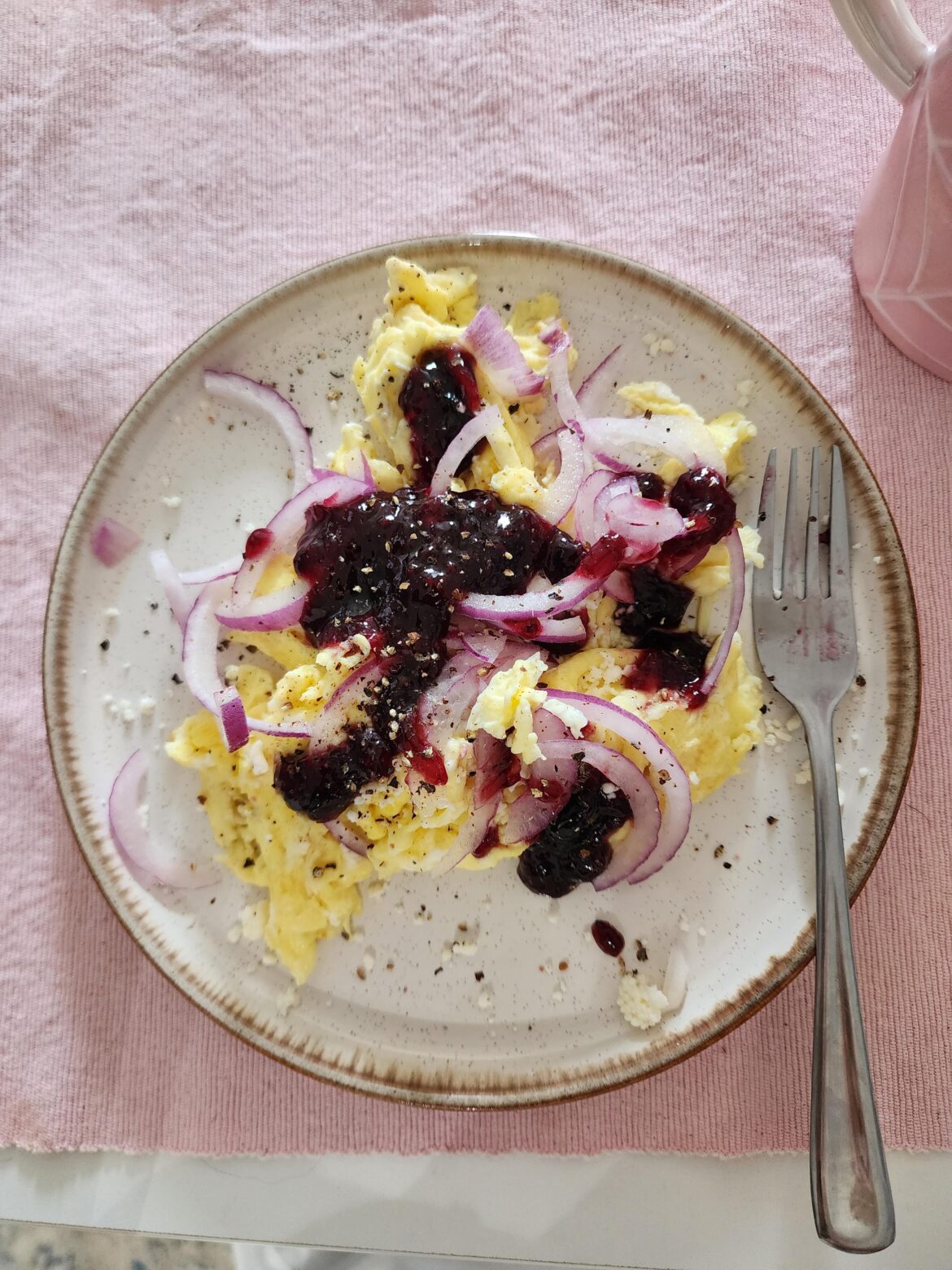 I like putting jam, feta, and red onion on my scrambled eggs.