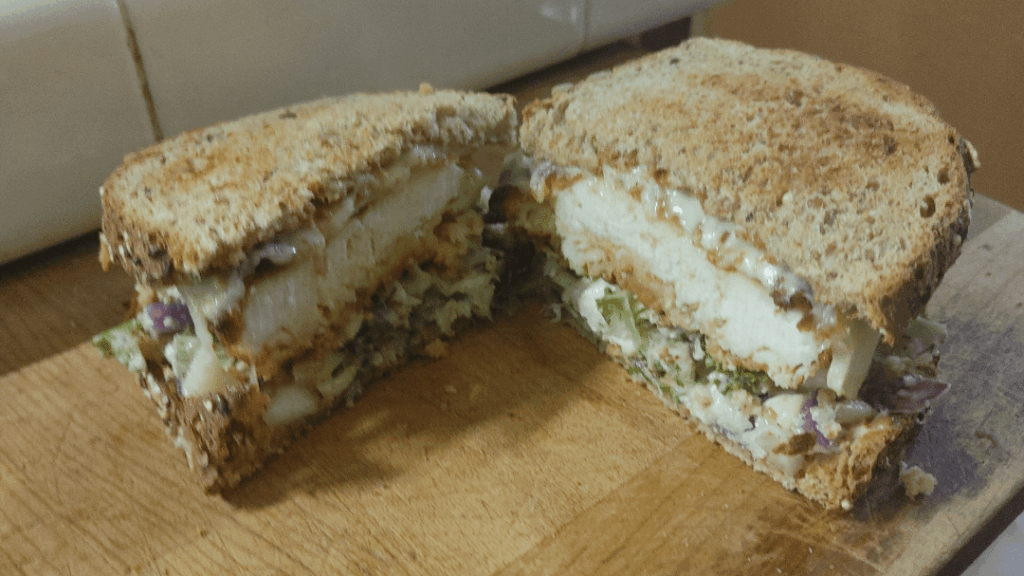 Air fried cutlet and pickle salad sandwich on DKB Air fried cutlet and pickle salad sandwich on DKB