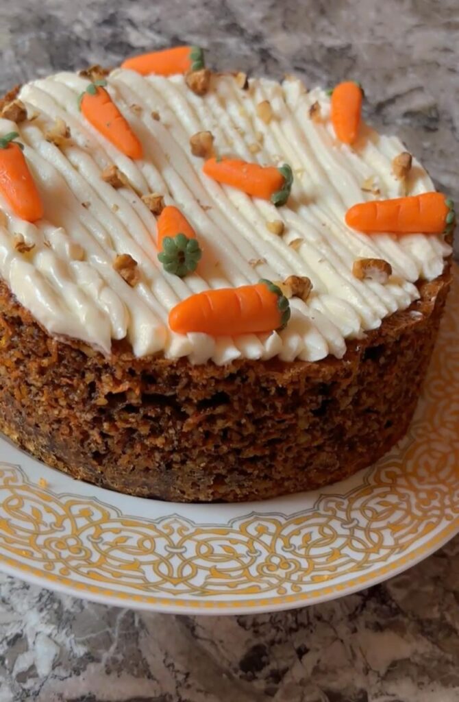 Carrot Cake with Cream Cheese Frosting and Candied Carrot Decorations [OC]