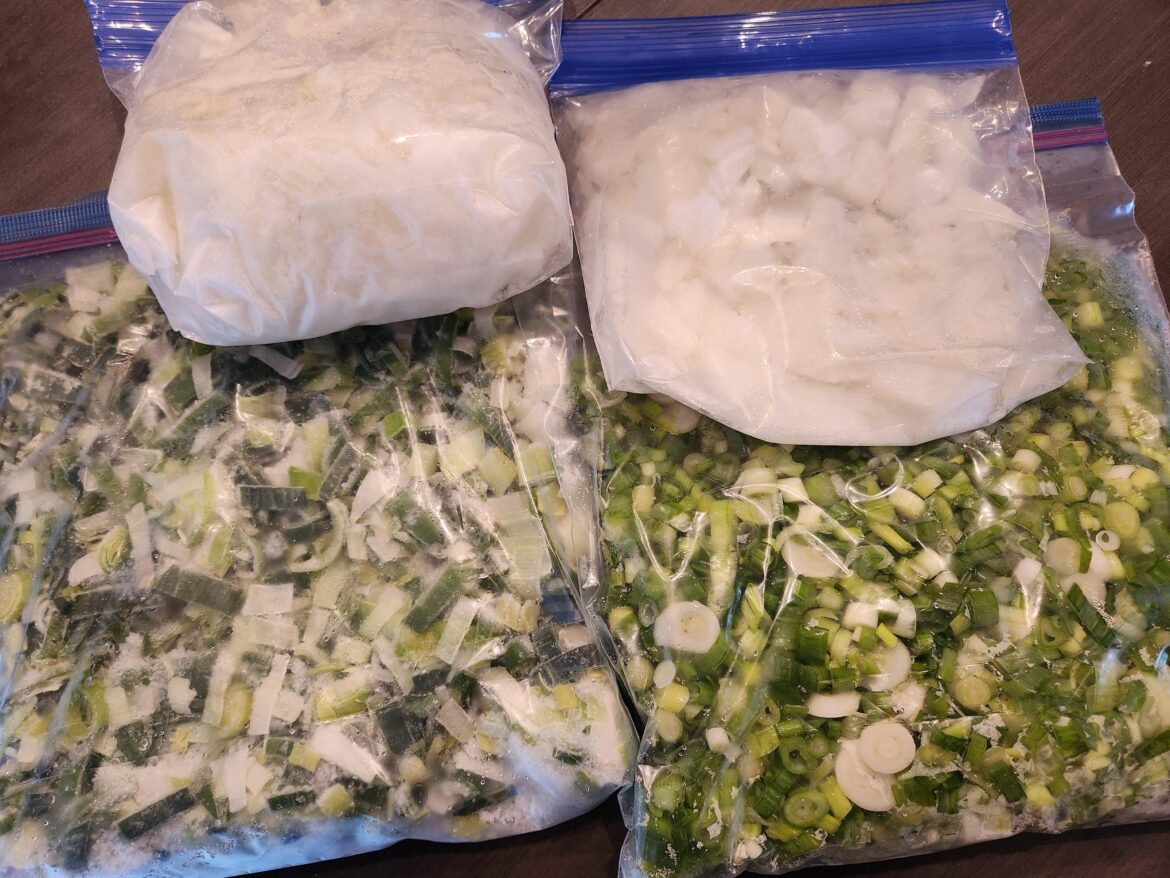 Ingredient prep: 3 leeks, 5 scallions, and many yellow onions for the freezer