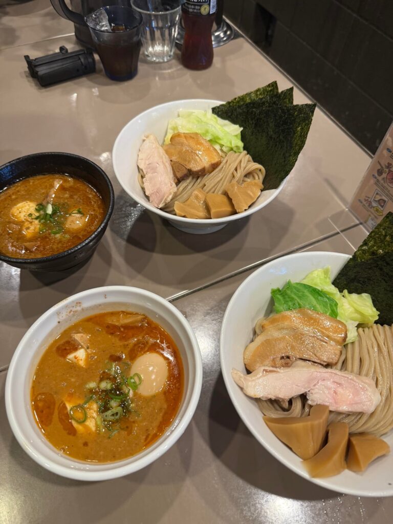 Miso shrimp and the regular shrimp tsukemen at Tsukemen Gonokami Seisakusho Shinjuku Tokyo