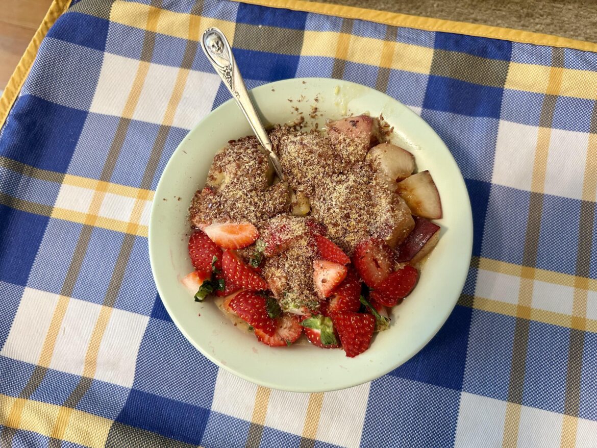 Ice cream for breakfast: banana-squash nice cream with strawberries,  nectarine, and flaxseed