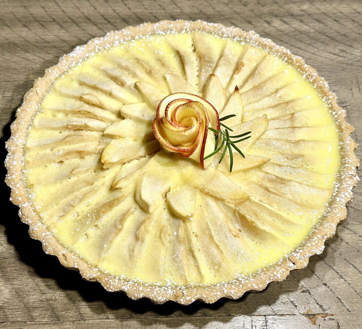 [OC] Made Anthony Bourdain’s Tarte Alsacienne from Les Halles to finish a French themed dinner!