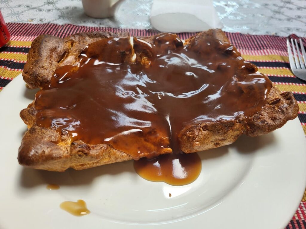 Any estimates for this toad in the hole? Insted of sausages I used 3 pieces of leftover roast chicken wings, pulled them apart then put then in.