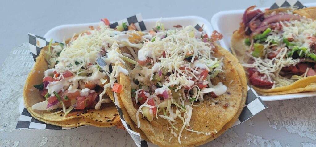 Three seafood tacos from Kiko's in San Diego: smoked swordfish, grilled shrimp, and octopus. [OC]